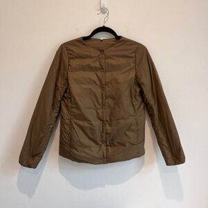 Muji Lightweight Down Puffer Jacket Brown Olive Collarless Liner Snap Front S